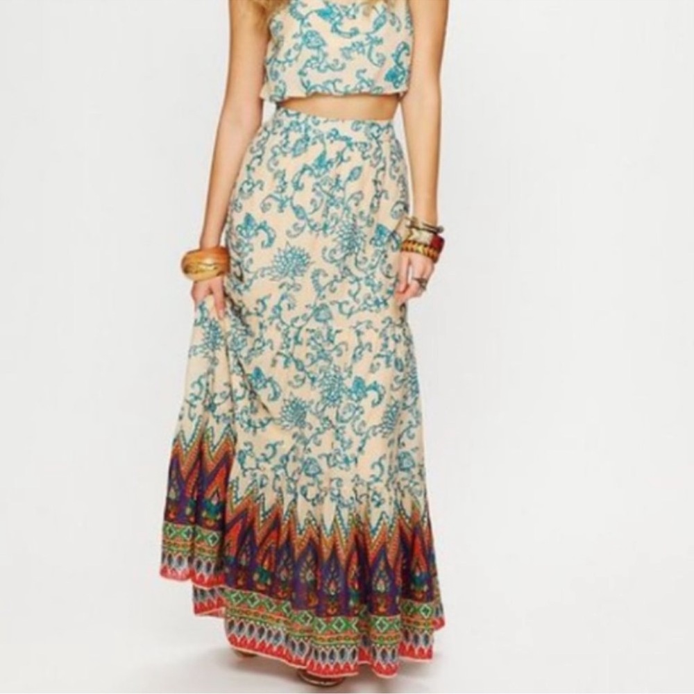 Free People Cream Maxi Skirt with Teal Floral Print and Multicolor Border